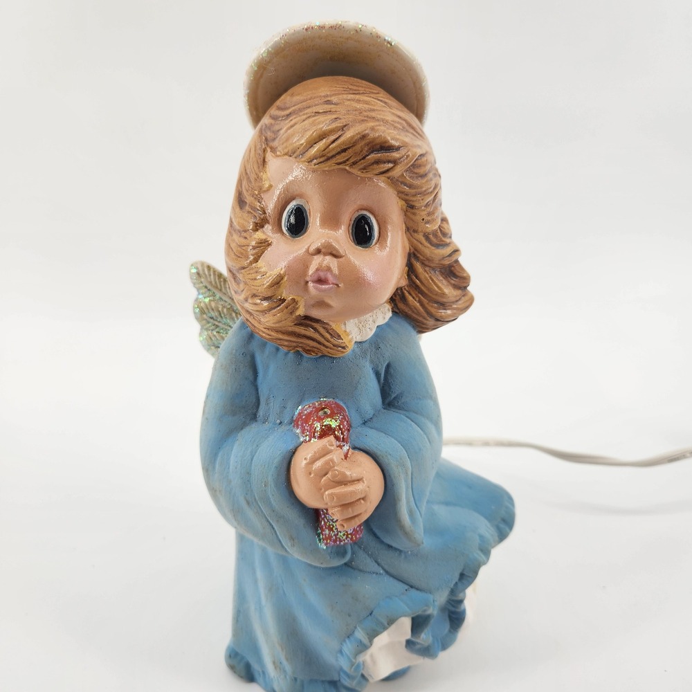 Vintage Ceramic Angel Girl Night Light Blue Robe Glitter Wings Gold Halo 7in
